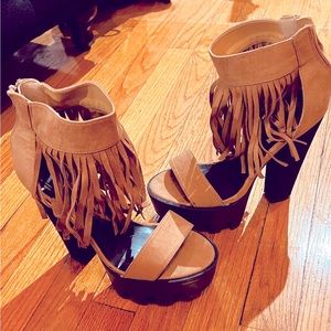 Wild Diva Brown Suede chunky heels with Ankle Fringe